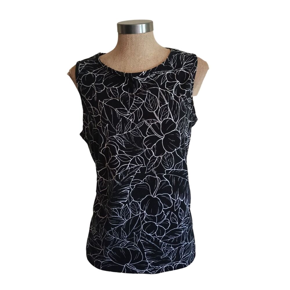 Ralph Lauren Top Womens Size 1X Sleeveless Stretch Black White Floral